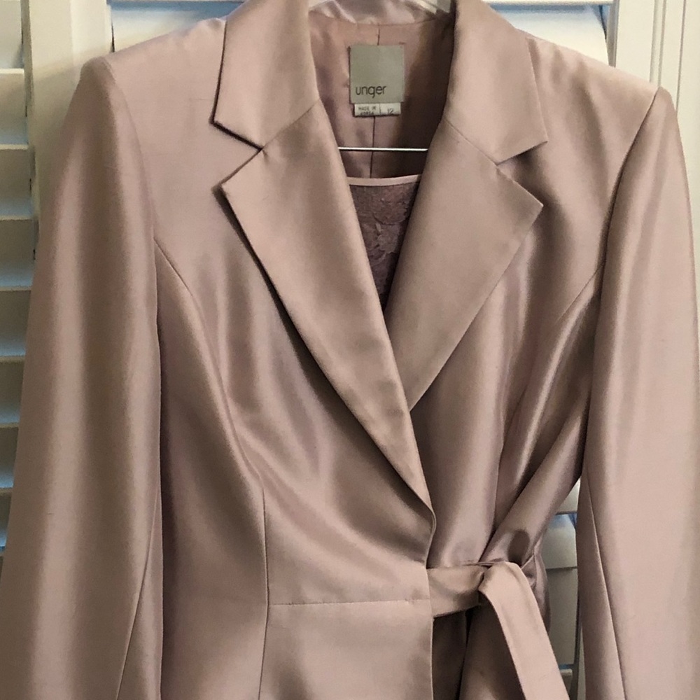 Unger satin and lace cocktail suit
